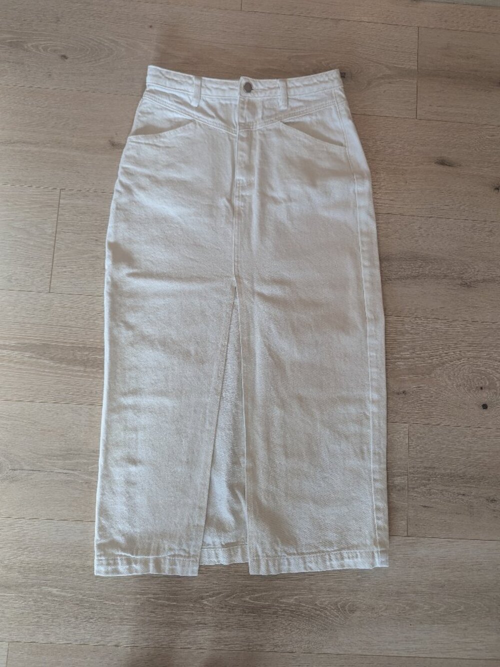 Reveriee White Front Slit Denim Column Midi Skirt Small